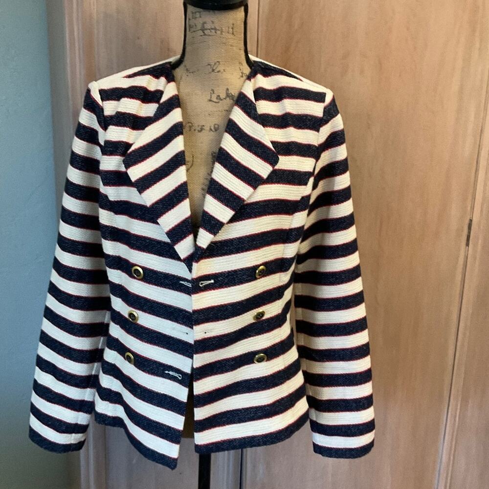 Cabi Navy cream Nautical Striped tweed blazer Jacket lady jacket beach preppy 6